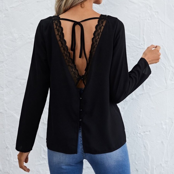 Tops - boho black v neck button up low back top
